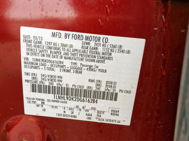 1LNHL9DK2DG616284 - 2013 LINCOLN MKS MAROON photo 10