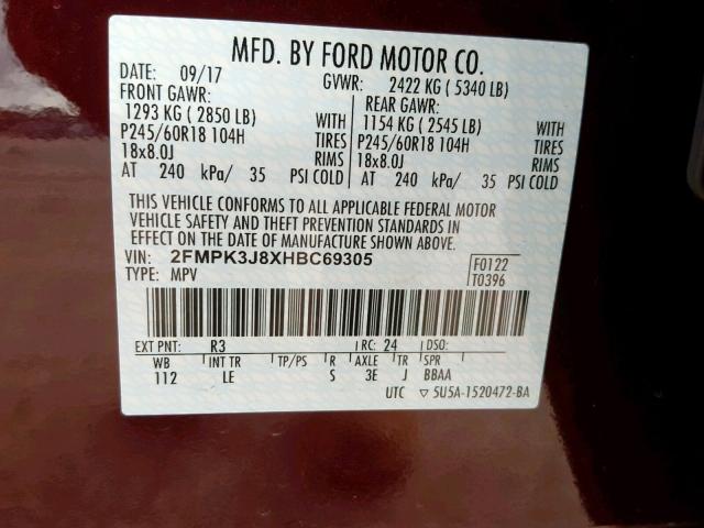 2FMPK3J8XHBC69305 - 2017 FORD EDGE SEL MAROON photo 10