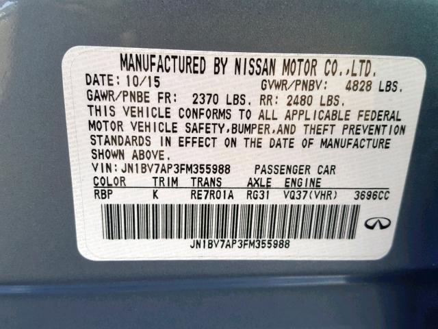 JN1BV7AP3FM355988 - 2015 INFINITI Q50 BASE BLUE photo 10