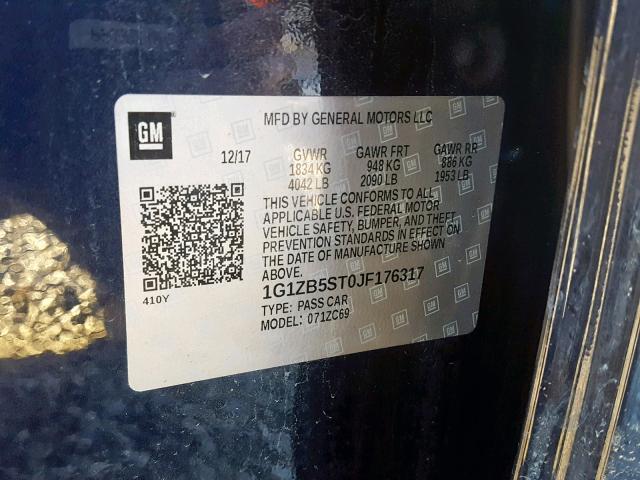 1G1ZB5ST0JF176317 - 2018 CHEVROLET MALIBU LS BLUE photo 10