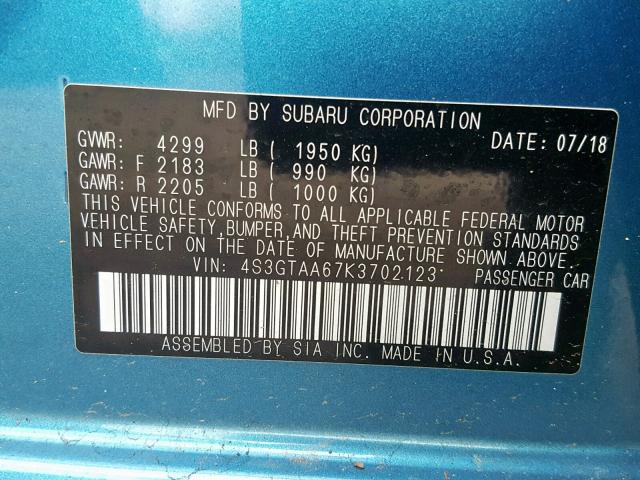 4S3GTAA67K3702123 - 2019 SUBARU IMPREZA BLUE photo 10