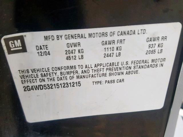 2G4WD532151231215 - 2005 BUICK LACROSSE C BLACK photo 10