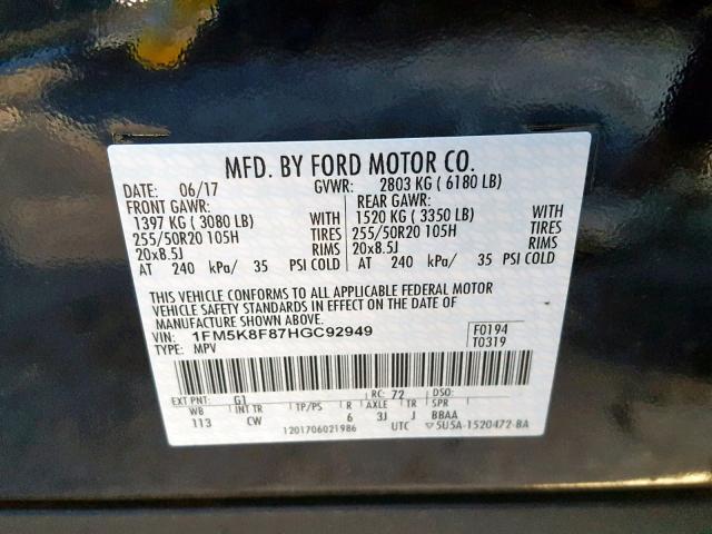 1FM5K8F87HGC92949 - 2017 FORD EXPLORER L BLACK photo 10