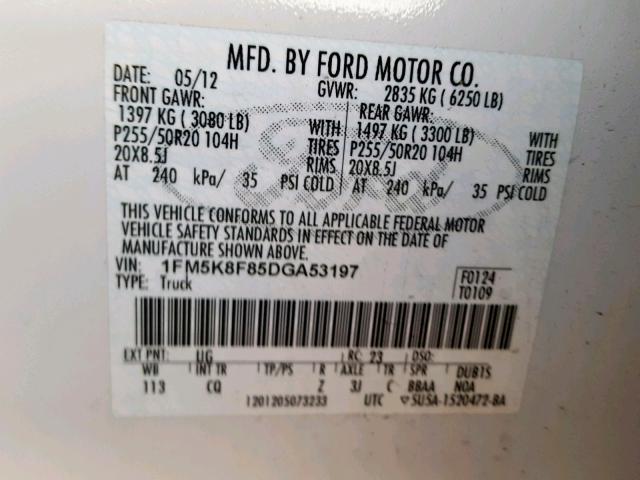 1FM5K8F85DGA53197 - 2013 FORD EXPLORER L WHITE photo 10