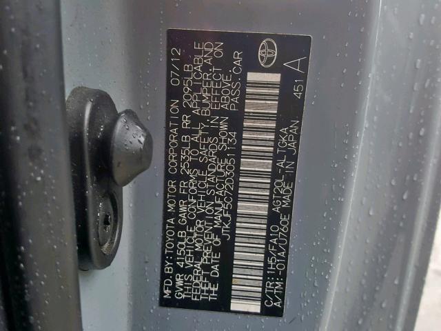 JTKJF5C72D3051134 - 2013 TOYOTA SCION TC 银色 照片 10