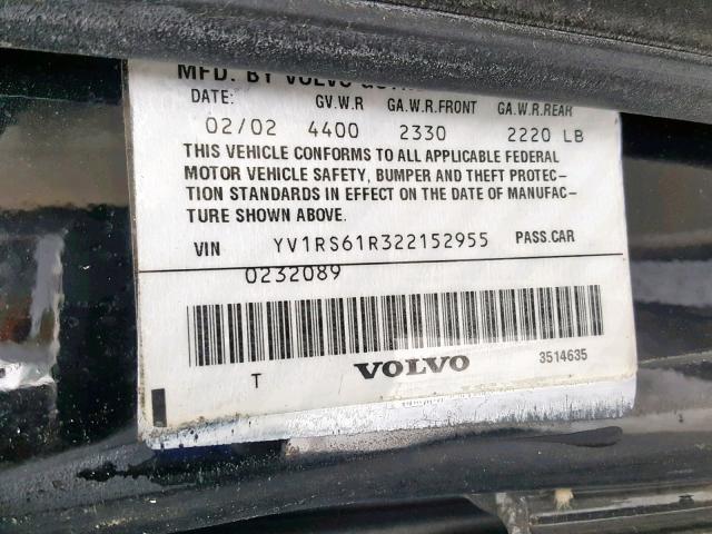 YV1RS61R322152955 - 2002 VOLVO S60 BLACK photo 10