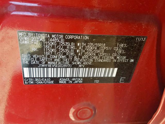 JTMYFREV5ED028970 - 2014 TOYOTA RAV4 LIMIT RED photo 10