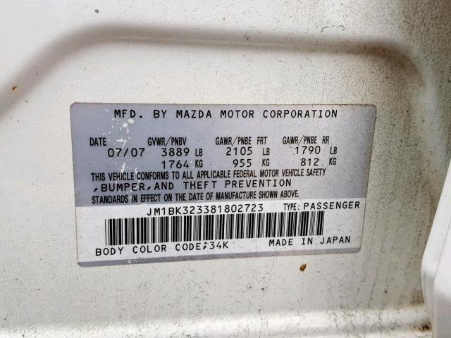 JM1BK323381802723 - 2008 MAZDA 3 S WHITE photo 10