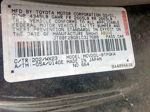 JT8BF28G810317688 - 2001 LEXUS ES 300 BLACK photo 10