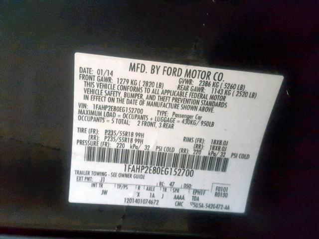 1FAHP2E80EG152700 - 2014 FORD TAURUS SEL BLACK photo 10