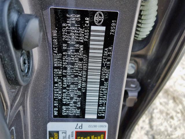 4T1BF1FK9FU931177 - 2015 TOYOTA CAMRY LE GRAY photo 10