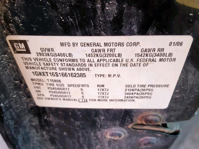 1GKET16S166162385 - 2006 GMC ENVOY XL BLACK photo 10