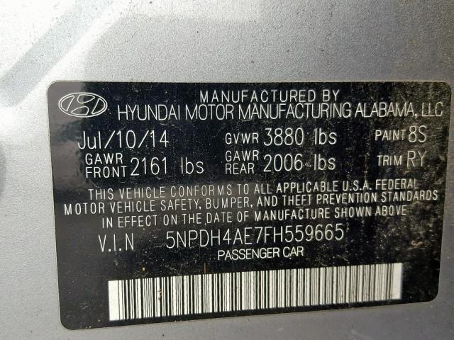 5NPDH4AE7FH559665 - 2015 HYUNDAI ELANTRA SE GRAY photo 10