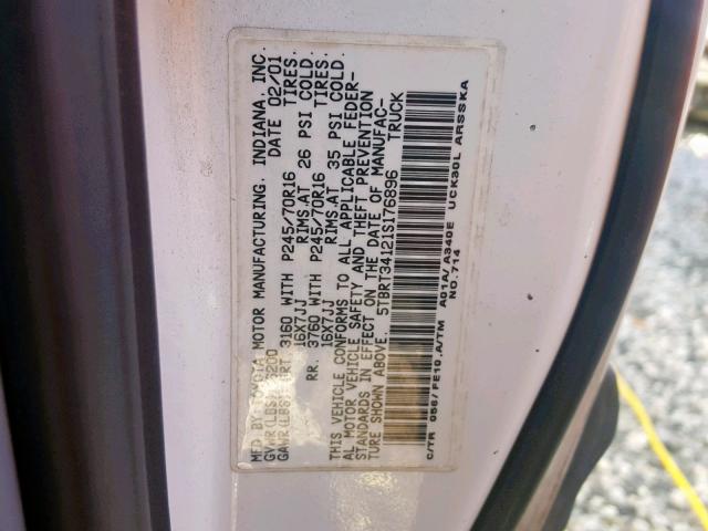 5TBRT34121S176896 - 2001 TOYOTA TUNDRA ACC WHITE photo 10