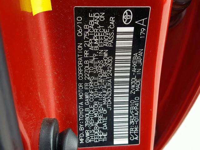 JTDKN3DUXA1242430 - 2010 TOYOTA PRIUS RED photo 10