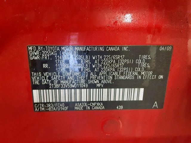 2T3BF33V59W011049 - 2009 TOYOTA RAV4 RED photo 10