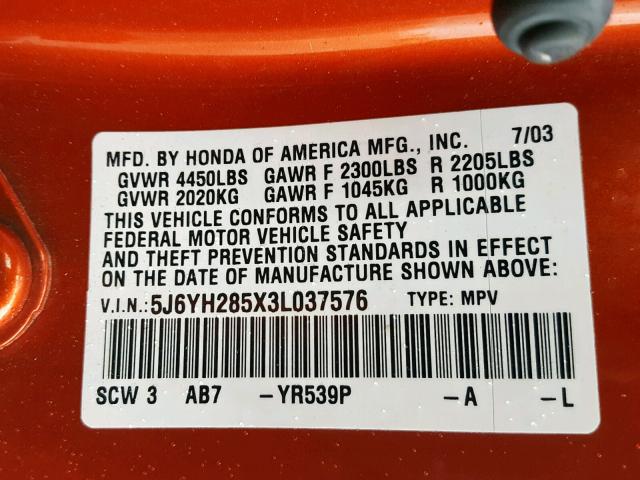 5J6YH285X3L037576 - 2003 HONDA ELEMENT EX ORANGE photo 10