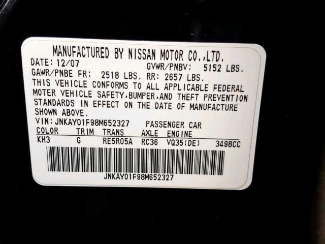 JNKAY01F98M652327 - 2008 INFINITI M35 BASE BLACK photo 10