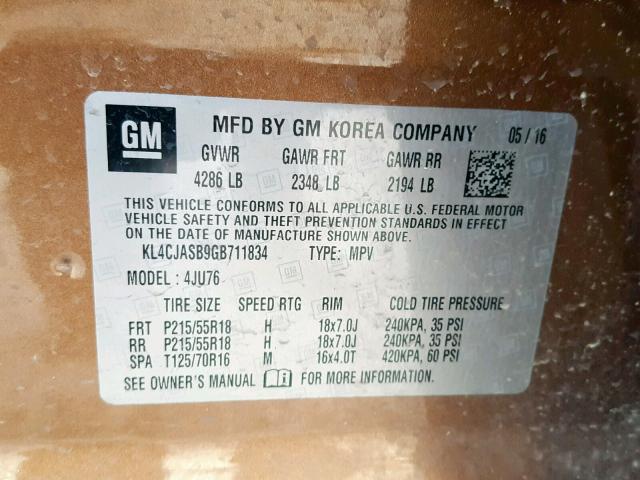 KL4CJASB9GB711834 - 2016 BUICK ENCORE BROWN photo 10