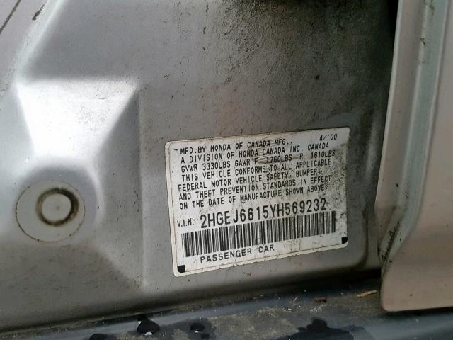 2HGEJ6615YH569232 - 2000 HONDA CIVIC BASE Gümüş foto 10