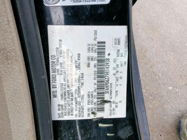 3FAHP06Z79R143938 - 2009 FORD FUSION S BLACK photo 10