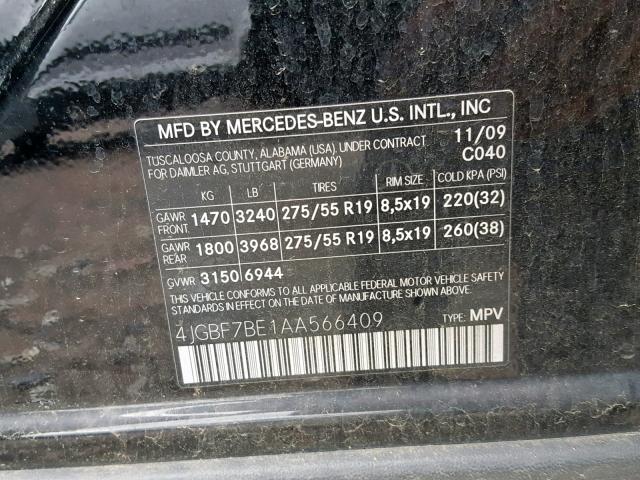 4JGBF7BE1AA566409 - 2010 MERCEDES-BENZ GL 450 4MA BLACK photo 10