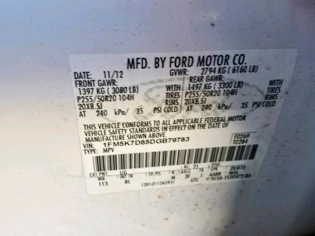 1FM5K7D85DGB79783 - 2013 FORD EXPLORER X WHITE photo 10