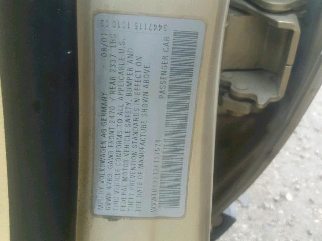 WVWTH63B12P137576 - 2002 VOLKSWAGEN PASSAT GLX 金色 照片 10