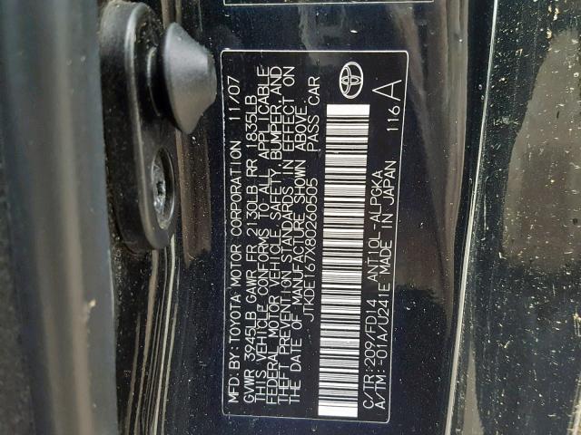 JTKDE167X80260505 - 2008 TOYOTA SCION TC შავი ფოტო 10