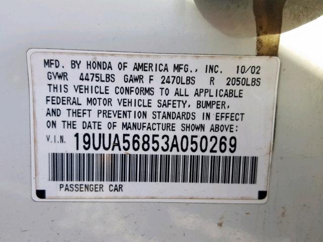 19UUA56853A050269 - 2003 ACURA 3.2TL TYPE WHITE photo 10