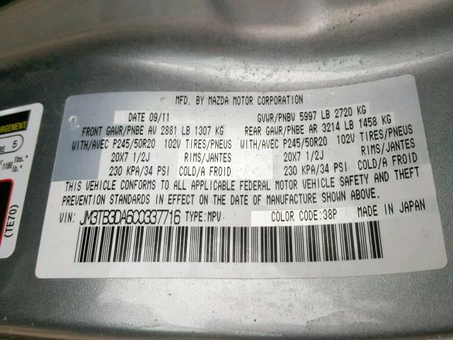 JM3TB3DA6C0337716 - 2012 MAZDA CX-9 SILVER photo 10