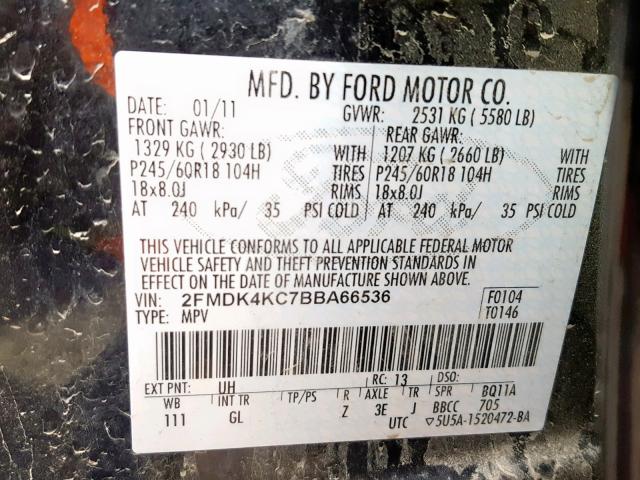 2FMDK4KC7BBA66536 - 2011 FORD EDGE LIMIT BLACK photo 10