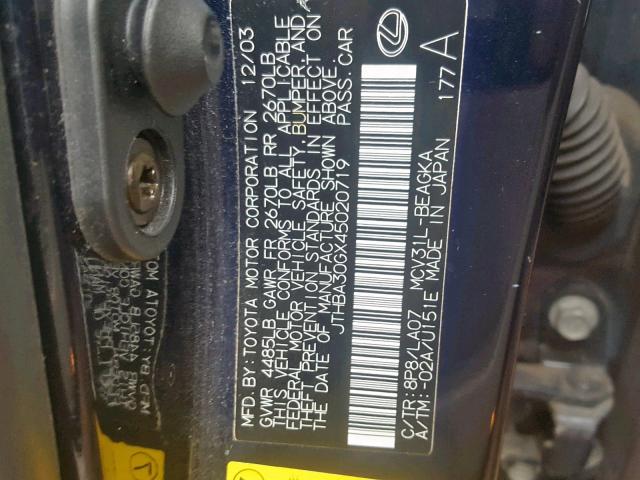 JTHBA30GX45020719 - 2004 LEXUS ES 330 BLUE photo 10