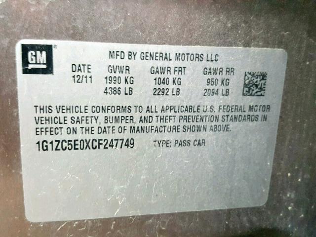 1G1ZC5E0XCF247749 - 2012 CHEVROLET MALIBU 1LT GRAY photo 10