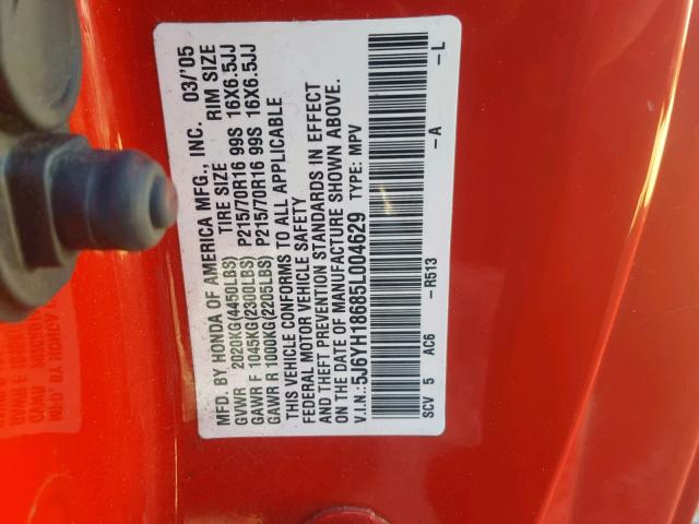 5J6YH18685L004629 - 2005 HONDA ELEMENT EX RED photo 10