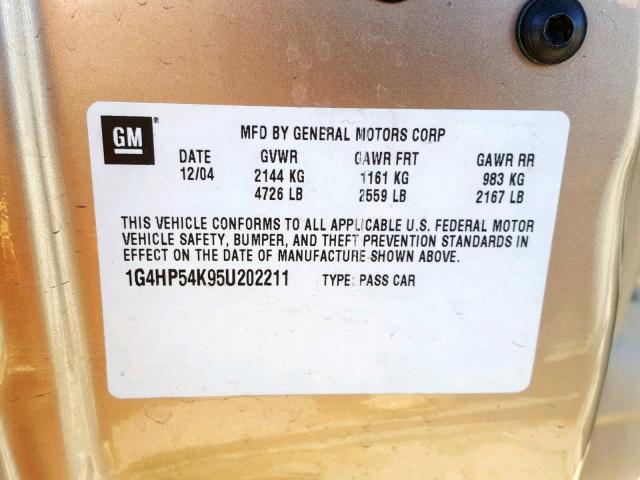 1G4HP54K95U202211 - 2005 BUICK LESABRE CU GOLD photo 10