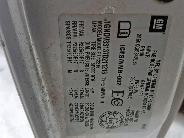 1GNDV33137D211213 - 2007 CHEVROLET UPLANDER L 银色 照片 10