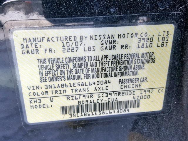 3N1AB61E58L643084 - 2008 NISSAN SENTRA 2.0 BLACK photo 10