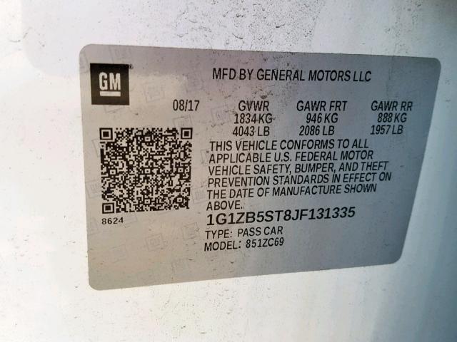 1G1ZB5ST8JF131335 - 2018 CHEVROLET MALIBU LS WHITE photo 10