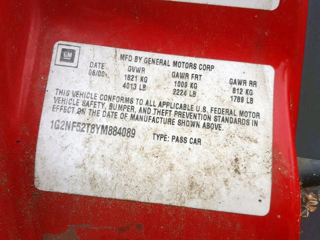 1G2NF52T8YM884089 - 2000 PONTIAC GRAND AM S RED photo 10