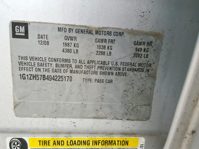 1G1ZH57B494225170 - 2009 CHEVROLET MALIBU 1LT GRAY photo 10