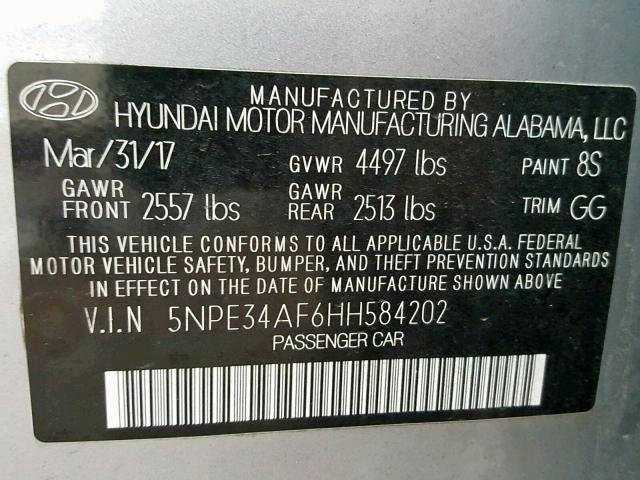 5NPE34AF6HH584202 - 2017 HYUNDAI SONATA SPO GRAY photo 10