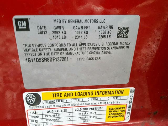 1G11D5SR8DF137281 - 2013 CHEVROLET MALIBU 1LT 红色 照片 10