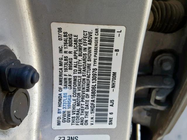 1HGFA16806L130976 - 2006 HONDA CIVIC EX SILVER photo 10