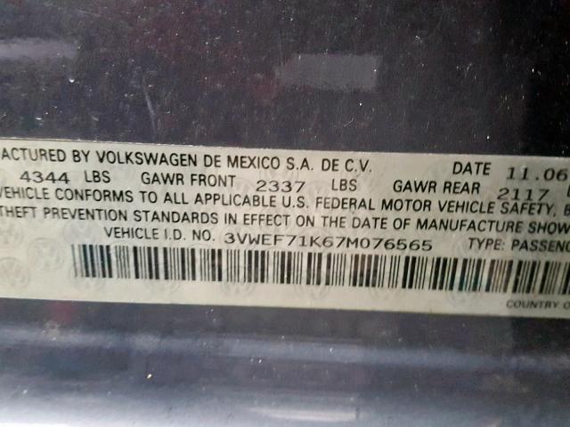 3VWEF71K67M076565 - 2007 VOLKSWAGEN JETTA WOLF GRAY photo 10