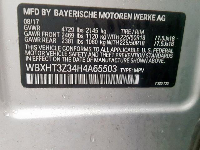 WBXHT3Z34H4A65503 - 2017 BMW X1 XDRIVE2 SILVER photo 10