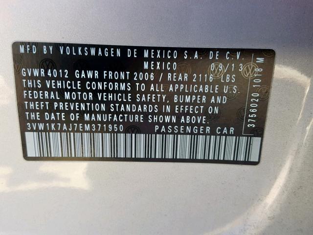 3VW1K7AJ7EM371950 - 2014 VOLKSWAGEN JETTA BASE Արծաթագույն լուսանկար 10