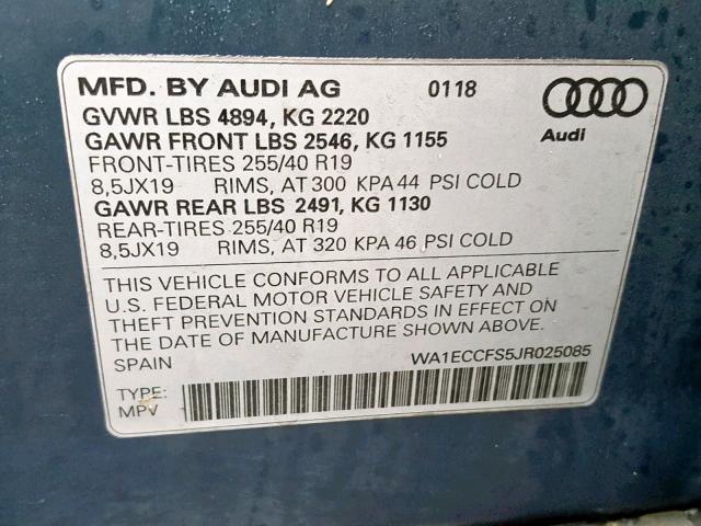 WA1ECCFS5JR025085 - 2018 AUDI Q3 PREMIUM BLUE photo 10