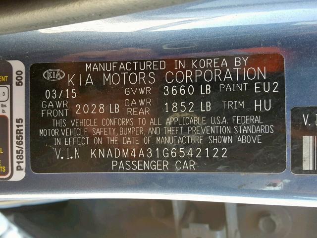 KNADM4A31G6542122 - 2016 KIA RIO LX BLUE photo 10