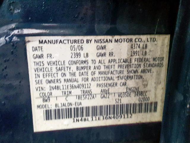 1N4BL11E36N409112 - 2006 NISSAN ALTIMA SE BLUE photo 10